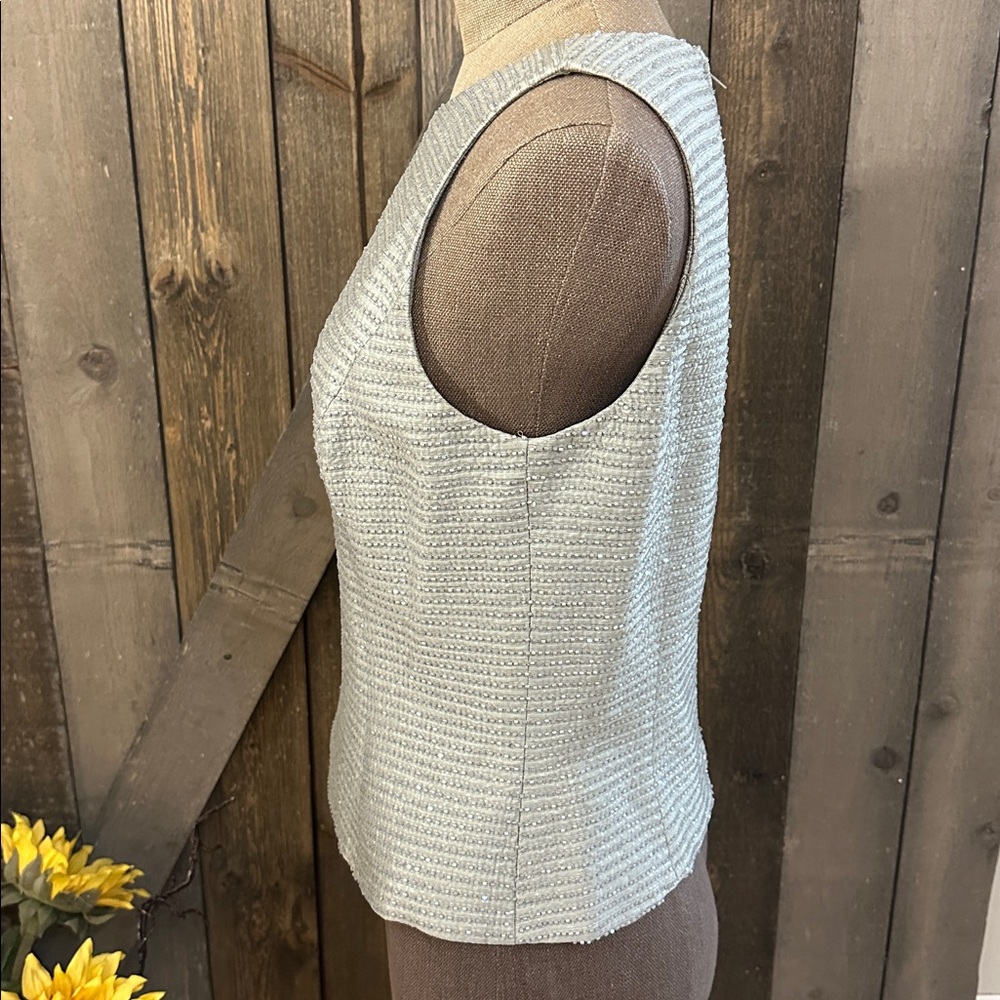 Carmen Marc Valvo Sleeveless Metallic Silver Grey Beaded Blouse Size 8 - Picture 4 of 14